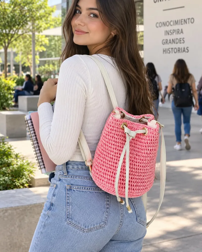 Morral Rosa Pastel: Bolsa tipo morral tejida en hilo rosa pastel, con cierre de jareta de cordón, ojillos dorados y tirantes crudos de piel sintética