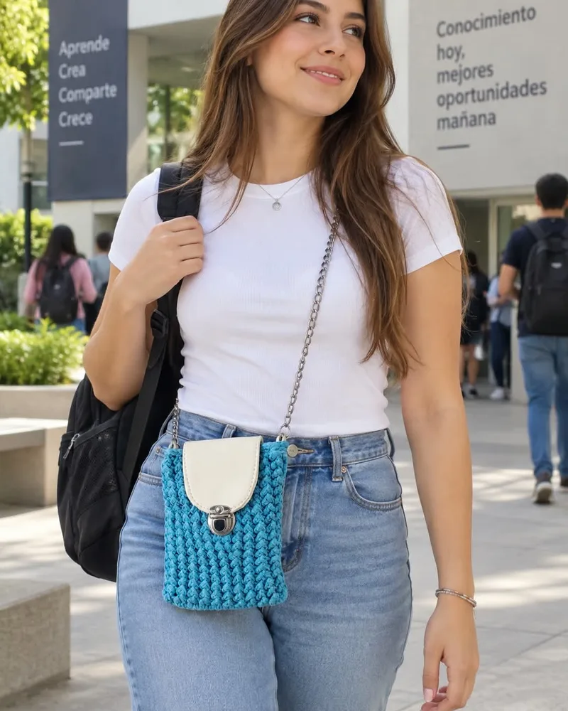 Porta Celular Azul Agua: Bolsa pequeña para celular tejida en punto trenzado azul agua, con solapa crudo de piel sintética, broche metálico plateado y cadena al hombro