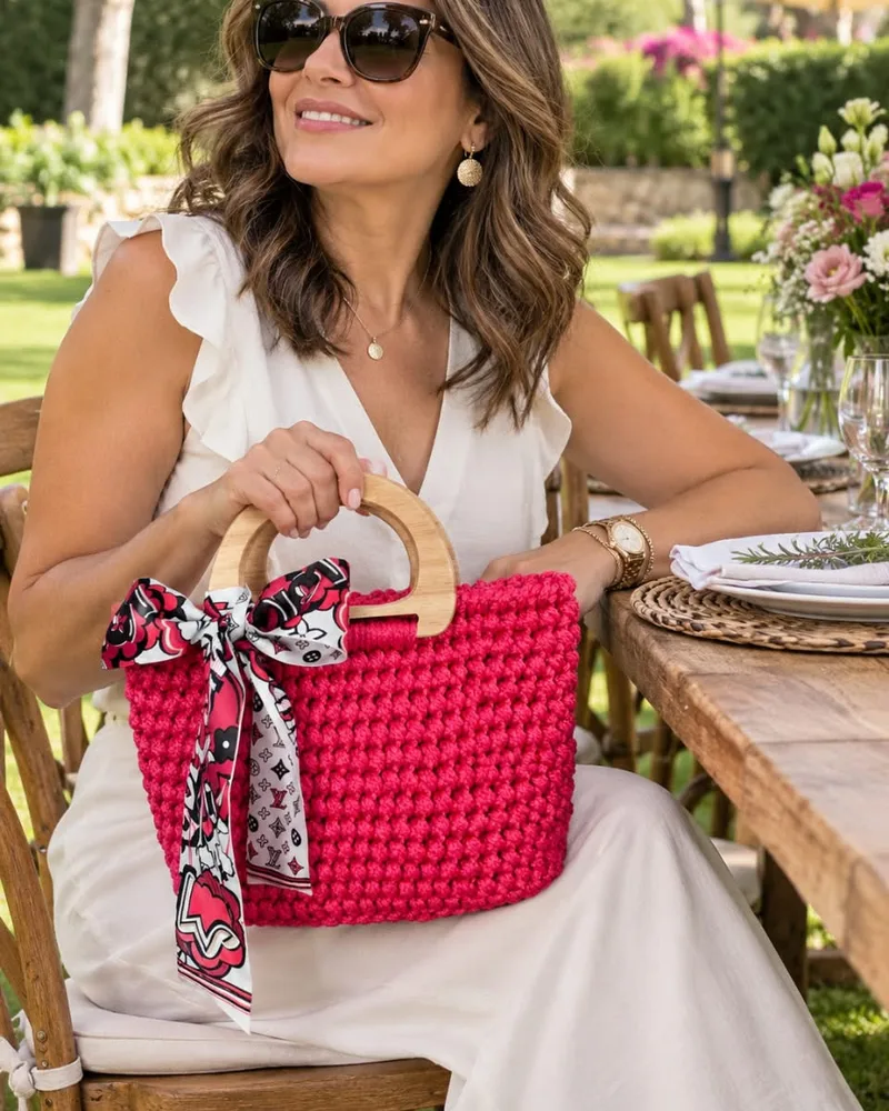 Tote Fucsia: Bolsa tote tejida a crochet en hilo fucsia con punto en relieve, asas de arco de madera clara y mascada estampada anudada